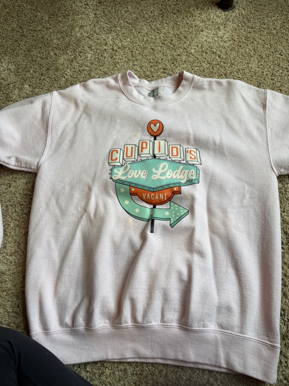 Gildan Pink Sweatshirt with Retro Cupid's Love Lodge Graphic